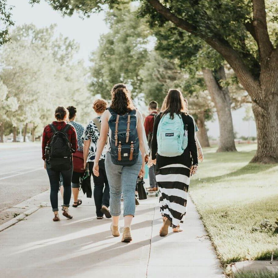 Students walking on a tree-lined campus pathway on a sunny day.